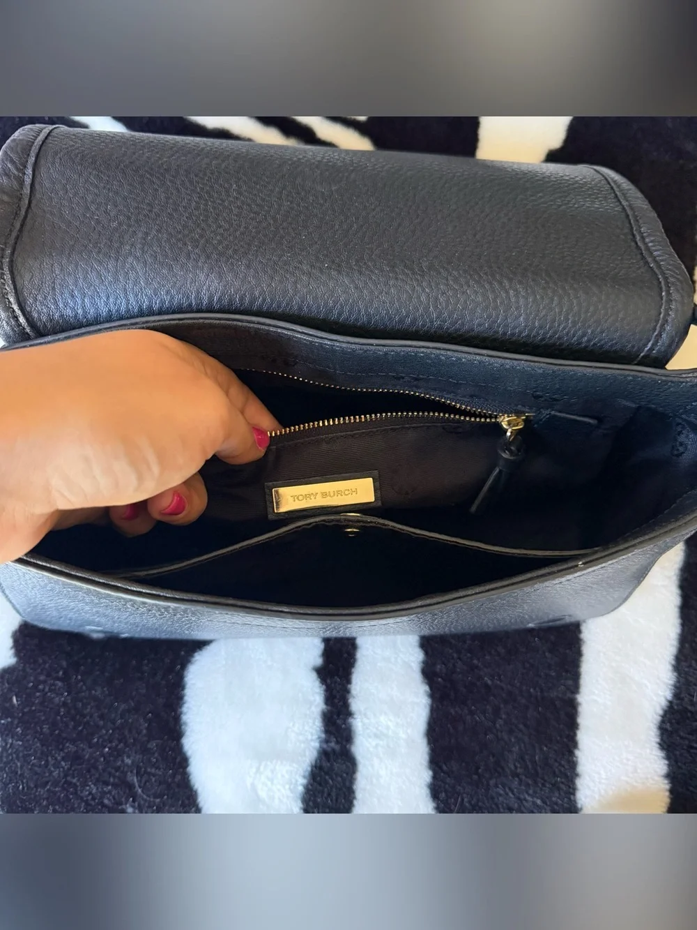 TORY BURCH Britten Black Pebbled Leather Shoulder Bag